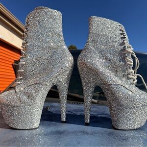 ‘Adore’ PLEASER Silver Glitter Heels